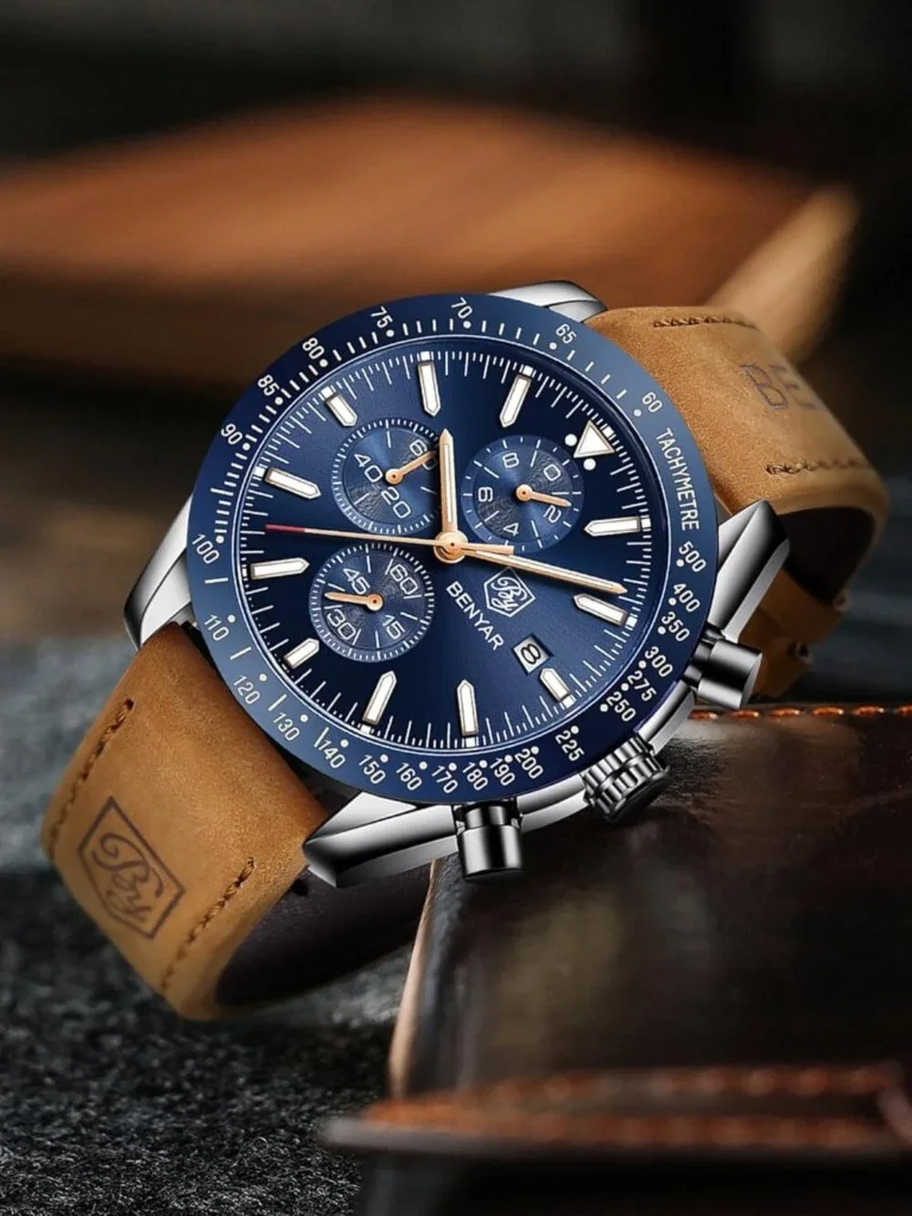 Mens Brown Blue Analog Silicone Strap Chronograph Luminous Designer Casual Watch